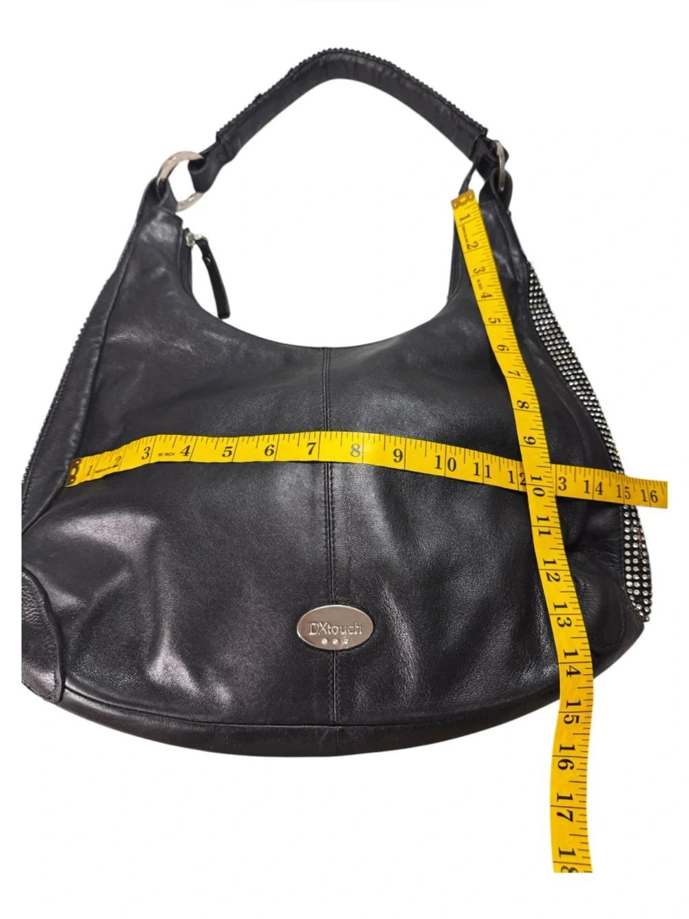 DXtouch Black Leather Hobo Bag Rhinestone Embellished Slouchy Shoulder Purse